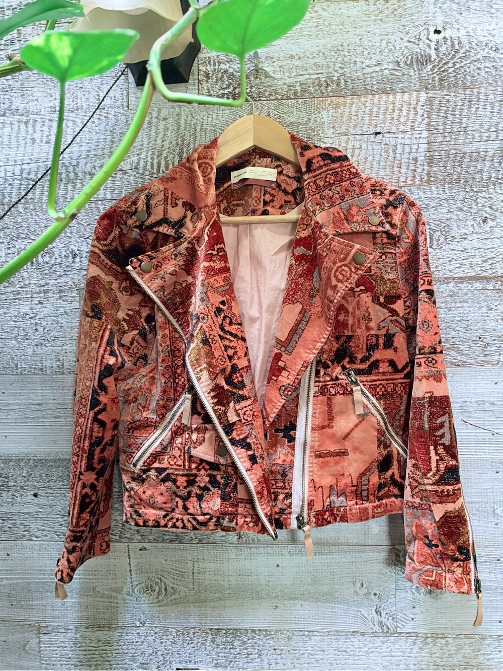 Pilcro | Tapestry Cropped Velour Velvet Moto Jacket - Women's XS, Orange/Pink